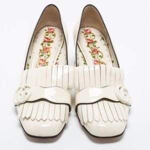 Gucci Patent Leather Double G Fringes Mid Heel Pumps - Mystic White, US 11